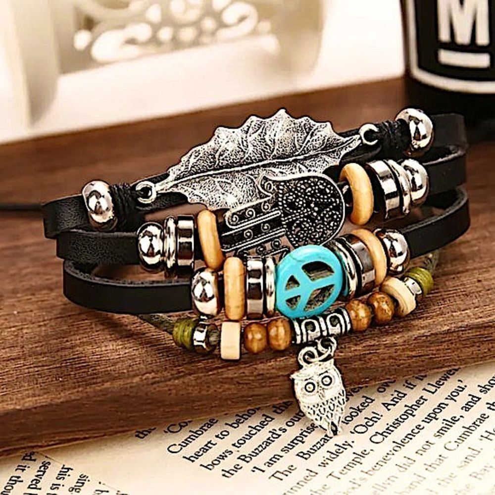 Rustic Festival Statement Bracelet Hand of Fatima, Owl & Leaf Charm Jewelry